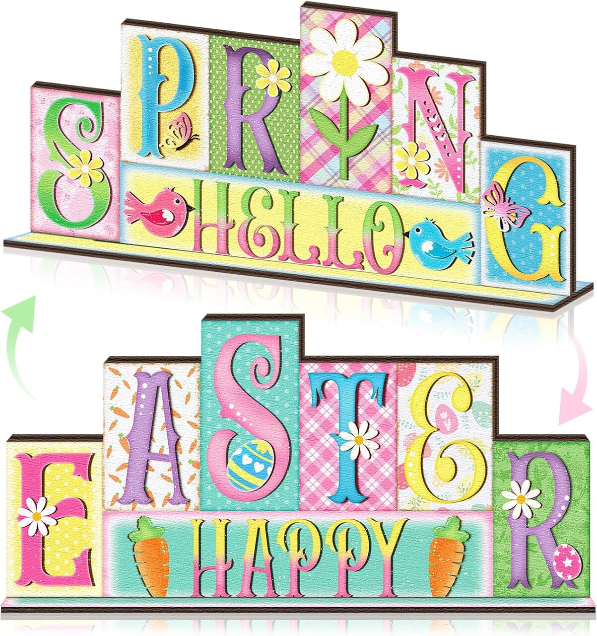 Easter Decorations Pastel Spring Table Decor Reversible Happy Easter Wooden Sign Farmhouse Hello Spring Tabletop Centerpiece for Home Tiered Tray Shelf Office Desk Mantel Rustic Decor
